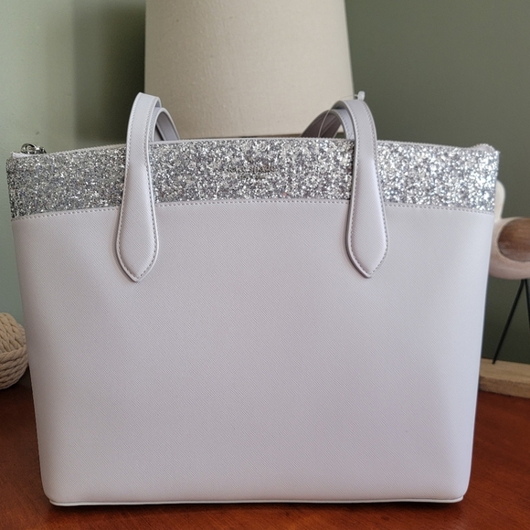 NWT Kate Spade K8706 Flash Glitter Tote Gray Saffiano Silver Glitter - Picture 7 of 16